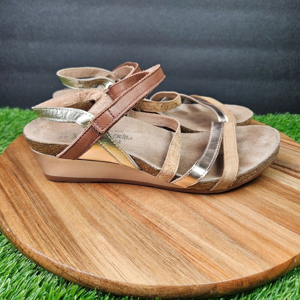 Naot Hero Sandals Womens Size 38/US 7 Brown Silver Leather Strappy Wedge Comfort